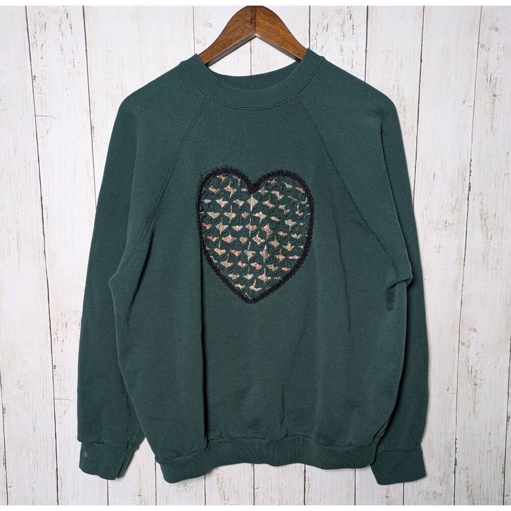 Vintage Green Sweatshirt Size XL Heart Cottagecore Handmade Grandma Valentines